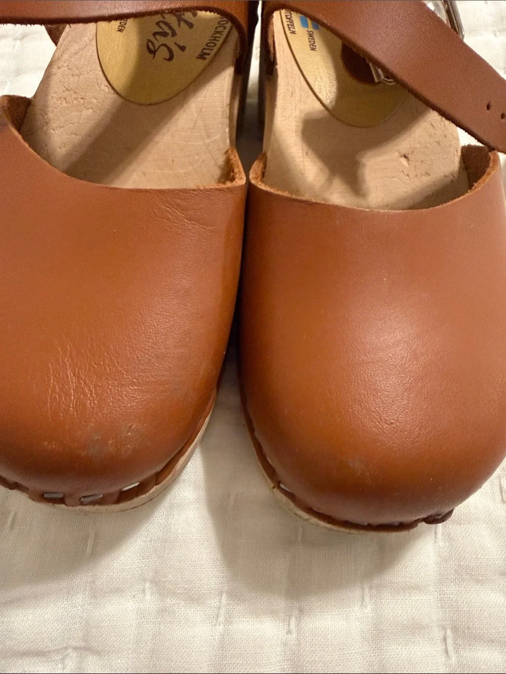 Swedish Hasbeens Chestnut Brown Leather Ankle-Strap Clogs